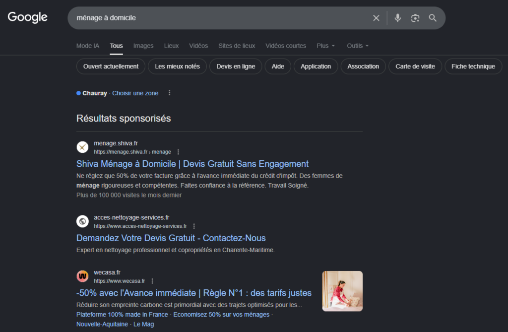 Résultats sponsorisés Google Ads affichés en tête de page pour la requête « ménage à domicile »