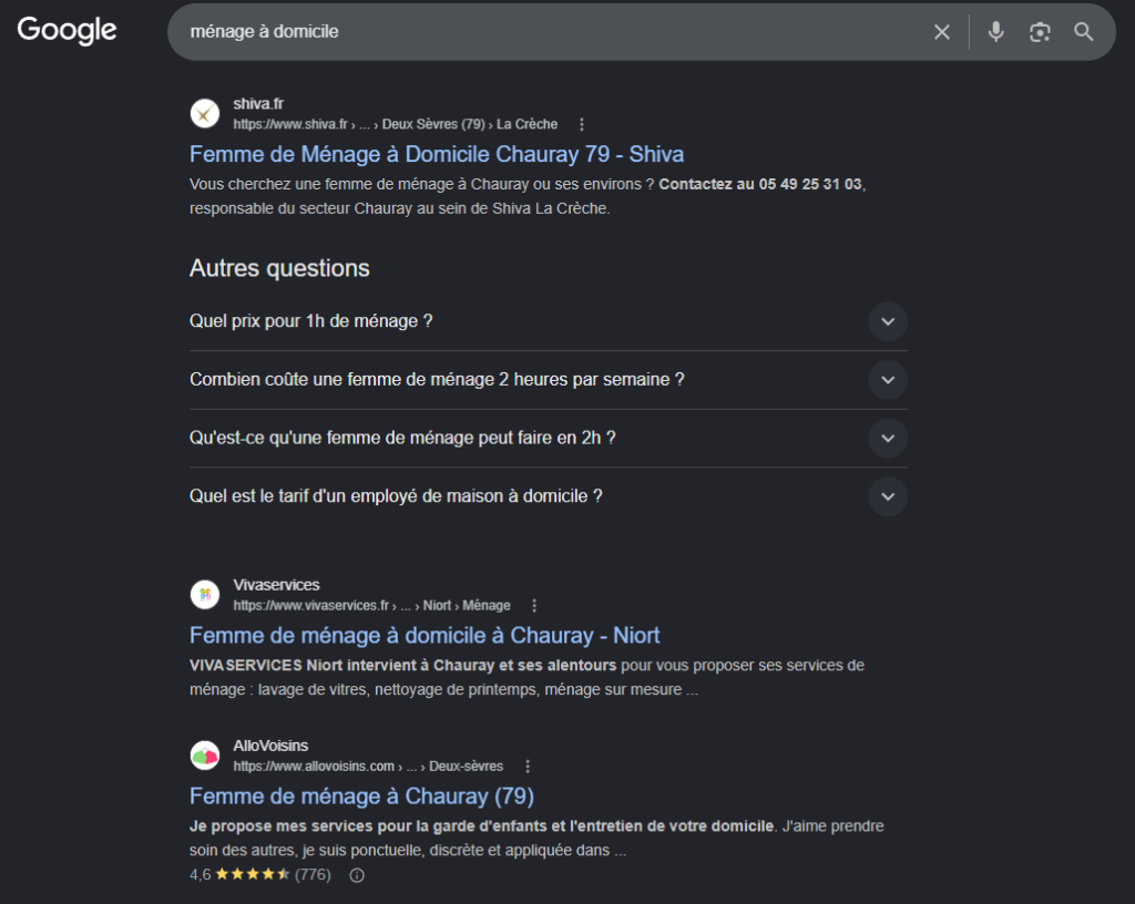 Résultats naturels de Google pour la requête « ménage à domicile », avec les liens organiques et le bloc Autres questions